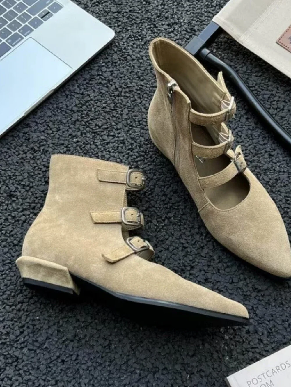 Retro Western Buckle Strap Ankle Booties| Women's Pointed Toe Low Heel Shoes wit
